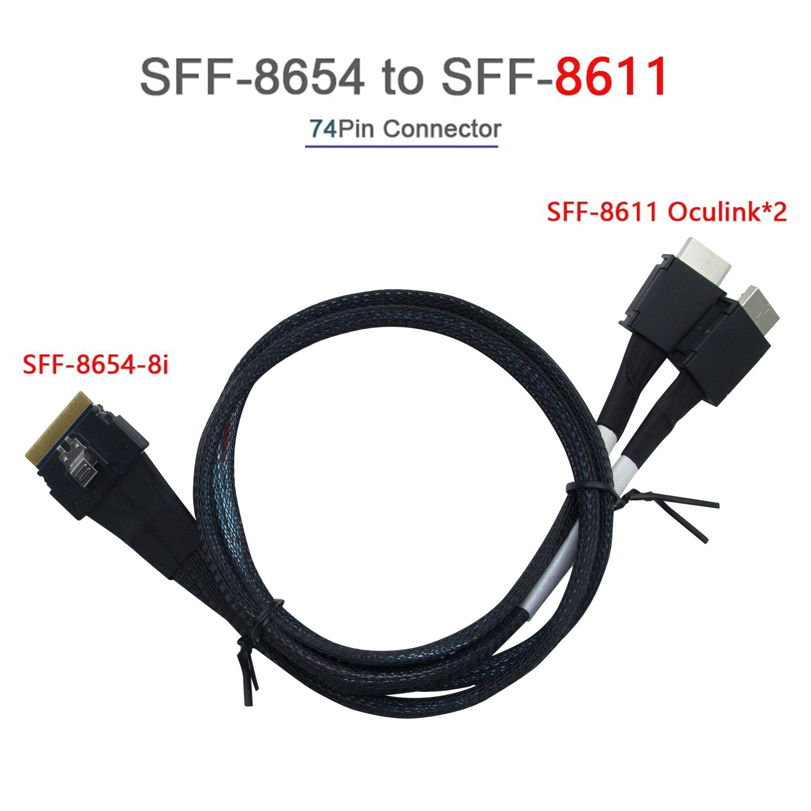 SlimSAS(SFF-8654 8i,74pin) to 2x Oculink(SFF-8611,38pin), PCIe4.0 Gen4 cable assembly, 85-Ohm, 0.5~1m