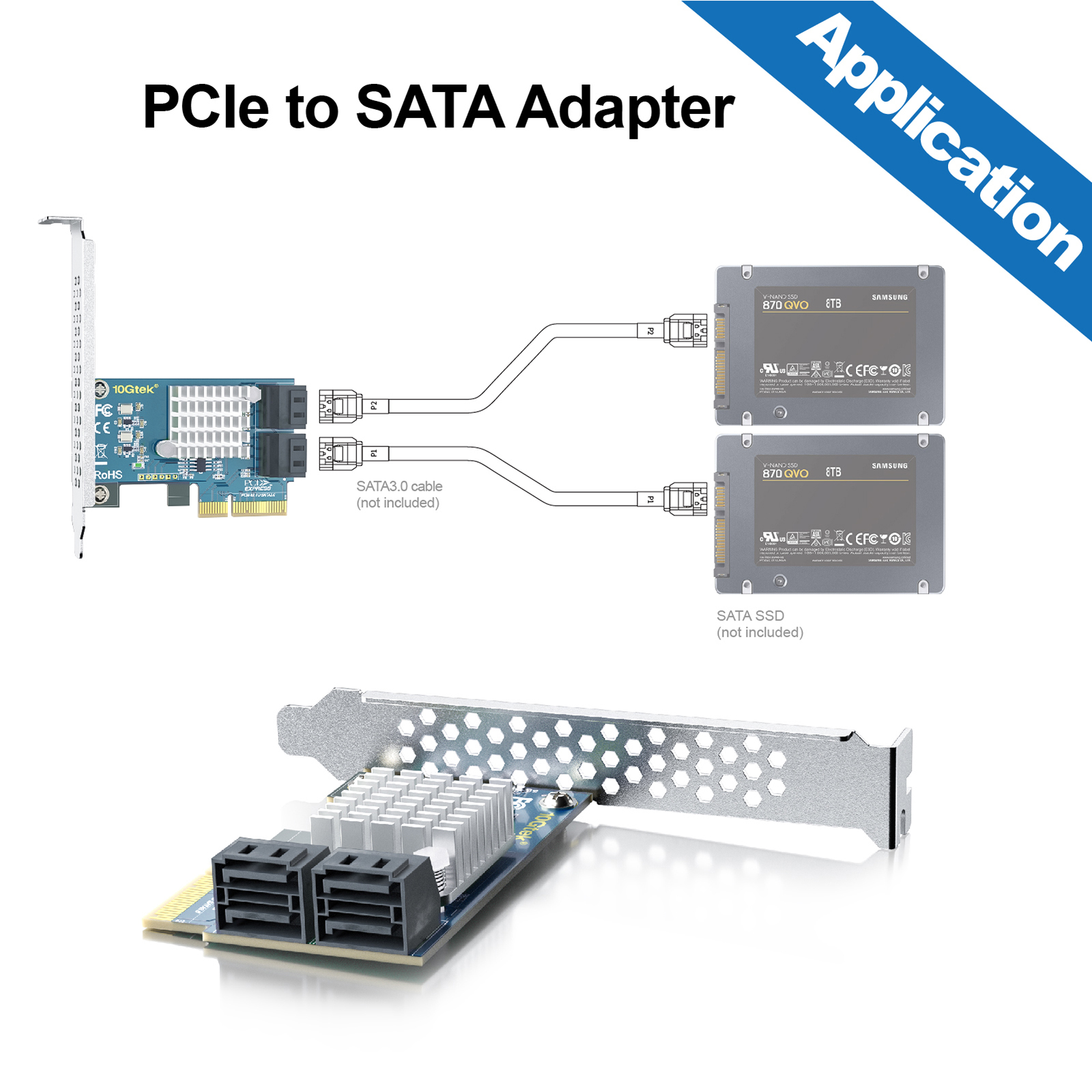 PCIe SATA Card Erweiterungskarte, 4 Port with 4 SATA Cables and Low