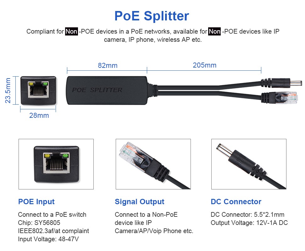 Active POE Splitter Adapter, 48V to 12V, IEEE 802.3af/at
