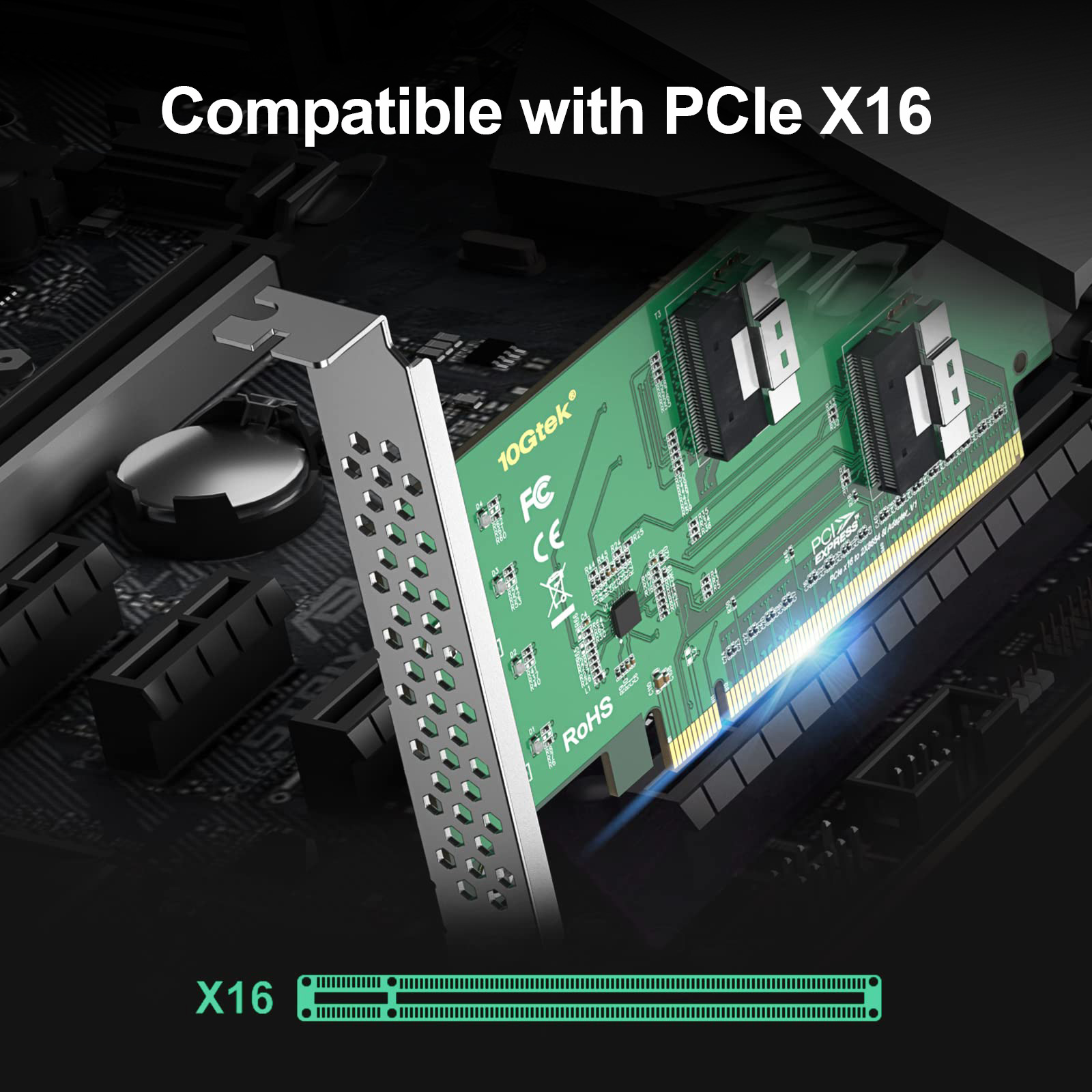 PCIe to SFF-8654 Adapter for U.2 NVMe SSD, PCIe4.0 X16, (2x) 8i