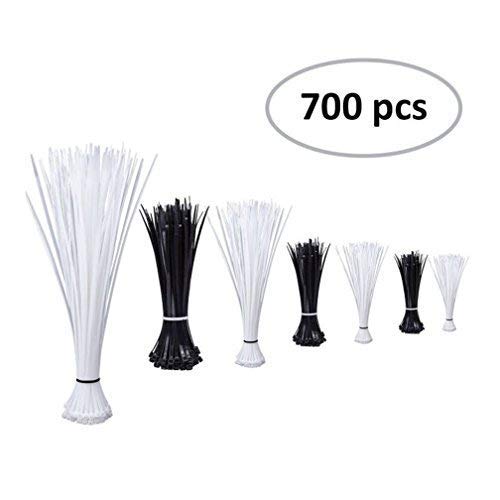 Zip Ties -Combo Pack 700pcs- Self-Locking 4 6 8 14-6-Inch Nylon Cable Ties in Black -38- White